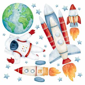 Detská nálepka na stenu Solar system - Zem, rakety a astronaut