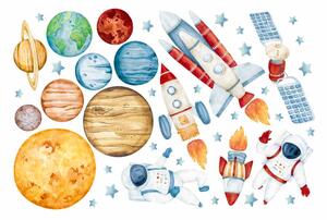 Detská nálepka na stenu Solar system - planéty, astronauti, satelit a rakety Rozmery: XL