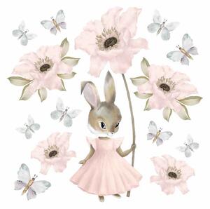 Detská nálepka na stenu Pastel bunnies - zajačik, kvety a motýle Rozmery: L