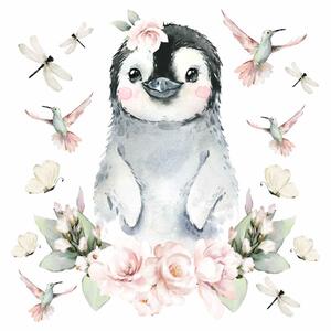 Detská nálepka na stenu Animals among flowers - tučniak