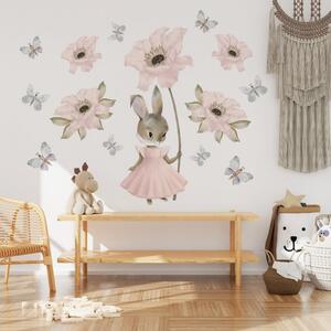 Detská nálepka na stenu Pastel bunnies - zajačik, kvety a motýle Rozmery: L