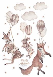 Detská nálepka na stenu Party animals - srnka, zajačik a líška s balónmi