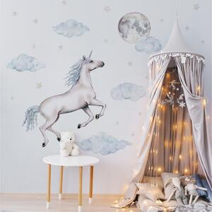 Detská nálepka na stenu Pastelový jednorožec, obláčiky, mesiac a hviezdičky Farba: Modrá