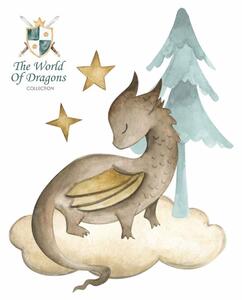Detská nálepka na stenu The world of dragons - drak na obláčiku a strom Rozmery: 70 x 65 cm