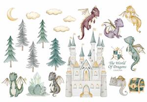Detská nálepka na stenu The world of dragons - draci, vajíčka, zámok, poklad a diamanty