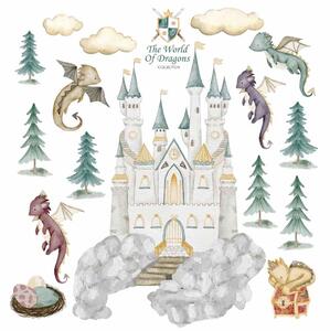 Detská nálepka na stenu The world of dragons - draci, vajíčka, zámok a poklad