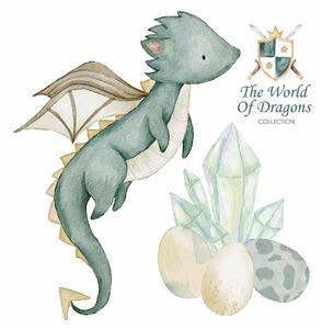 Detská nálepka na stenu The world of dragons - drak, vajíčka a diamanty Rozmery: 50 x 48 cm