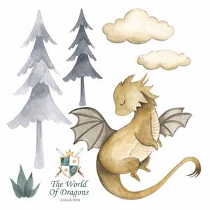 Detská nálepka na stenu The world of dragons - drak, obláčiky a strom