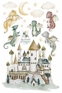Detská nálepka na stenu The world of dragons - draci, zámok, mesiac a hviezdy