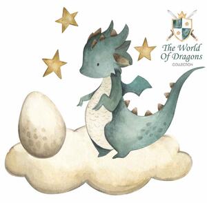 Detská nálepka na stenu The world of dragons - drak s vajíčkom na obláčiku Rozmery: 100 x 95 cm