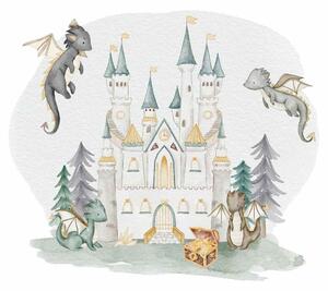 Detská nálepka na stenu The world of dragons - draci, zámok a poklad Rozmery: 100 x 87 cm