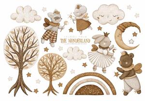Detská nálepka na stenu Stories from the wonderland - zajačik, myška, medvedíky, obláčiky a mesiac