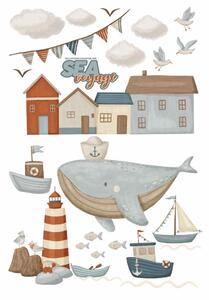 Detská nálepka na stenu Sea voyage - veľryba, loďky a domčeky