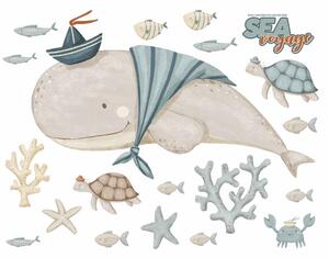 Detská nálepka na stenu Sea voyage - veľryba, koraly, korytnačky a ryby