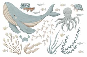 Detská nálepka na stenu Sea voyage - veľryba, chobotnica a morské riasy