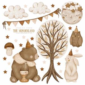 Detská nálepka na stenu Stories from the wonderland - medvedík, zajačik, sova, obláčiky a mesiac