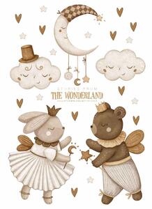 Detská nálepka na stenu Stories from the wonderland - medvedík, zajačik, obláčiky a mesiac