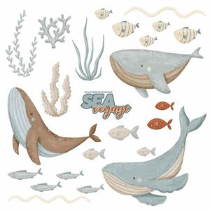 Detská nálepka na stenu Sea voyage - veľryby, morské riasy a rybičky