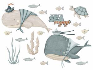 Detská nálepka na stenu Sea voyage - veľryby, korytnačky a morské riasy