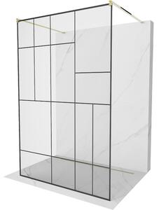 Mexen Kioto, priechodná sprchová zástena 100 x 200 cm, 8mm sklo číre/čierny vzor, 2x zlatá stabilizačná rozpera, 800-100-002-50-78