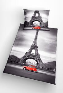 Glamonde luxusné obliečky Canette Paríž s realistickou fotkou Eiffelovej veže a červeného autíčka. 140×200 cm