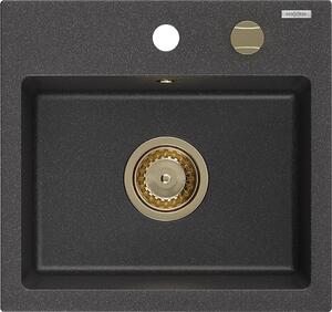 Mexen Milo, granitový drez 435x410x171 mm, 1-komorový, čierna škvrnitá so zlatým sifónom, 6505441000-76-G