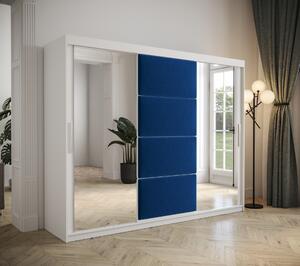 Šatníková skriňa Tempica 250cm so zrkadlom, biela/modrý panel