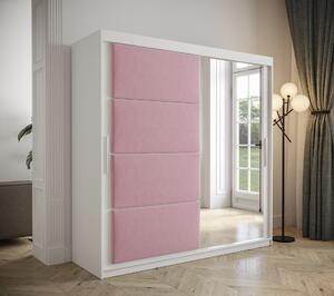 Šatníková skriňa Tempica 200cm so zrkadlom, biela/ružový panel