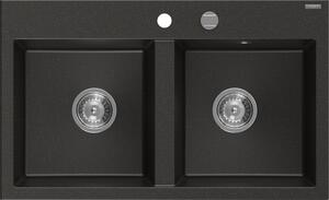 Mexen Hektor, 2-komorový granitový drez 800x480x205 mm, čierna-zlatá metalíza, chrómový sifón, 6521802000-75