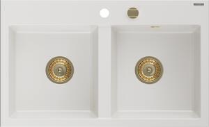 Mexen Hektor, 2-komorový granitový drez 800x480x205 mm, biela, zlatý sifón, 6521802000-20-G