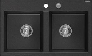 Mexen Hektor, 2-komorový granitový drez 800x480x205 mm, čierna-strieborná metalíza, chrómový sifón, 6521802000-73