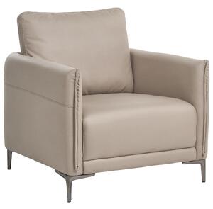 Kreslo sivobéžové látkové čalúnenie s kovovými nohami minimalistický mid-century modern štýl obývacia izba