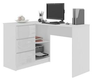 Písací stôl KORDA B16 3SZ, 124,5x77x50, biela/biela lesk, ľavá