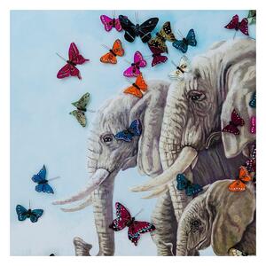 KARE DESIGN Obraz s ručnými ťahmi Elefants with Butterflys 120×120 cm 120 × 120 × 3,5 cm