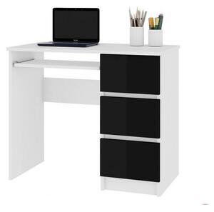 Písací stôl AKORD A-6, 90x77x50, biela/čierna lesk, pravá