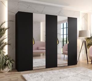 Široká šatníková skriňa 250 cm AMARIS 2 so zrkadlom - čierna / zlaté úchyty