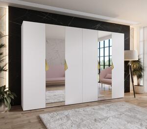 Elegantná zrkadlová skriňa 300 cm AMARIS 2 - biela / zlaté úchyty