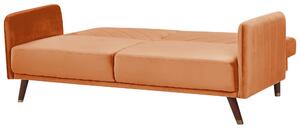 Rozkladacia pohovka oranžová zamatová retro obývacia izba 3-miestna drevené nohy bočné opierky