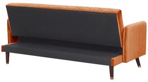 Rozkladacia pohovka oranžová zamatová retro obývacia izba 3-miestna drevené nohy bočné opierky