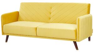 Rozkladacia pohovka žltá zamatová retro obývacia izba 3-miestna drevené nohy bočné opierky
