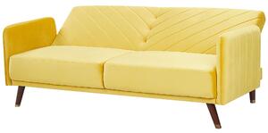 Rozkladacia pohovka žltá zamatová retro obývacia izba 3-miestna drevené nohy bočné opierky