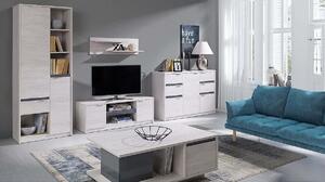 Obývacia stena DENVER 1 - regál + TV stolík RTV2D + komb. komoda + konf. stolík + polička, dub biely/grafit lesk
