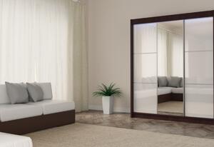 Skriňa s posuvnými dverami a zrkadlom VIVIANA, wenge/biele sklo, 180x216x61