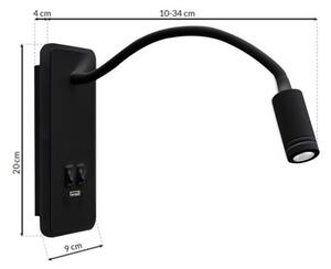 LED flexibilná nástenná lampička s USB BASE LED/8W+LED/2W/230V čierna