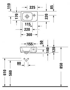 DURAVIT Dura Style umývadlo 36 x 22 cm otvor pre batériu vpravo, bez prepadu, biele 0713360000