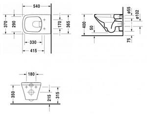 DURAVIT Dura Style závesná WC misa 37 x 54 cm, ploché splachovanie, biela s úpravou WonderGliss 25400900001