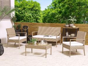 Sada záhradného nábytku hnedá polyratan s bielymi vankúšikmi, kávový stolík, 4 miestna