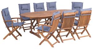 Vonkajšia jedálenská súprava z ľahkého akáciového dreva s modrými vankúšmi, 8-miestne rozkladacie stoličky, rustikálny dizajn