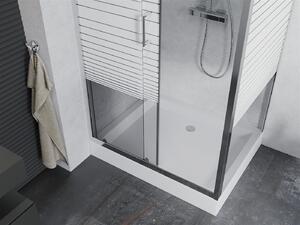 Mexen Apia sprchovací kút s posuvnými dverami 120 (dvere) x 90 (stena) cm, 5mm číre sklo s pásikmi, chrómový profil + biela sprchová vanička RIO s chrómovým sifónom, 840-120-090-01-20-4510