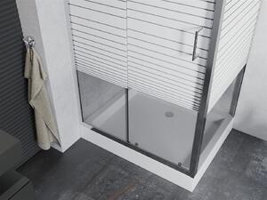Mexen Apia sprchovací kút s posuvnými dverami 120 (dvere) x 90 (stena) cm, 5mm číre sklo s pásikmi, chrómový profil + biela sprchová vanička RIO s chrómovým sifónom, 840-120-090-01-20-4510